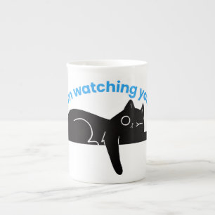 Funny Black Cat  Minimal Illustration Bone China Mug