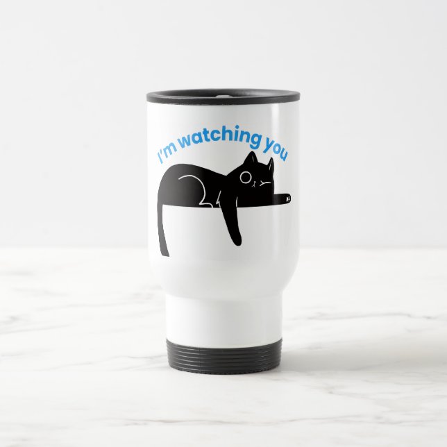 Funny Black Cat  Minimal Illustration Travel Mug (Center)