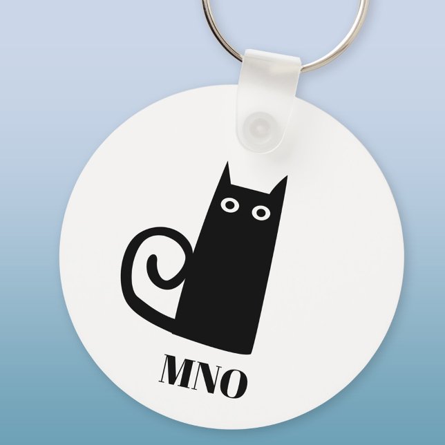 Funny Black Cat Monogram Keychain (Monogram initials personalized fun black cat aluminium keyring keychain)