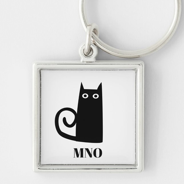 Funny Black Cat Monogram Keychain (Monogram fun kitty cat keyring)