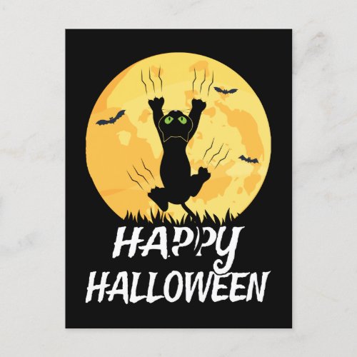 Funny Black Cat Moon Happy Halloween Announcement Postcard