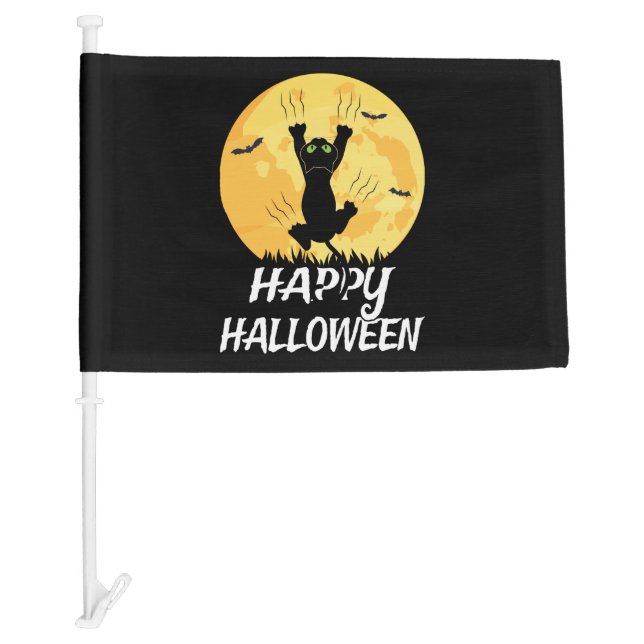 Funny Black Cat Moon Happy Halloween Car Flag (Front)