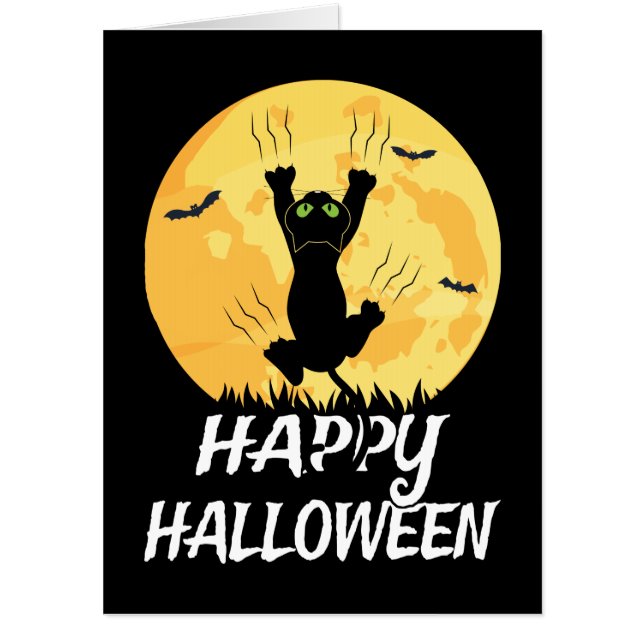 Funny Black Cat Moon Happy Halloween Card (Front)