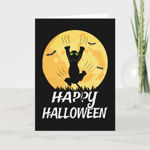 Funny Black Cat Moon Happy Halloween Card