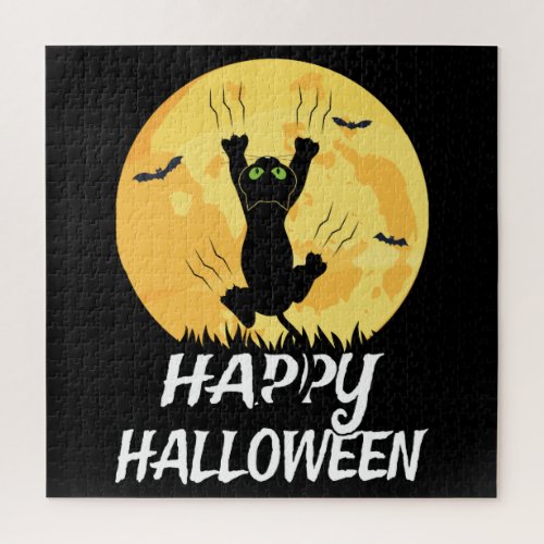 Funny Black Cat Moon Happy Halloween Jigsaw Puzzle