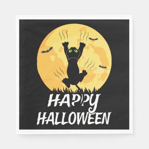 Funny Black Cat Moon Happy Halloween Napkins