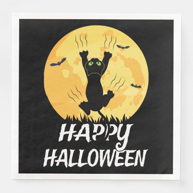 Funny Black Cat Moon Happy Halloween Paper Dinner Napkins (Front)