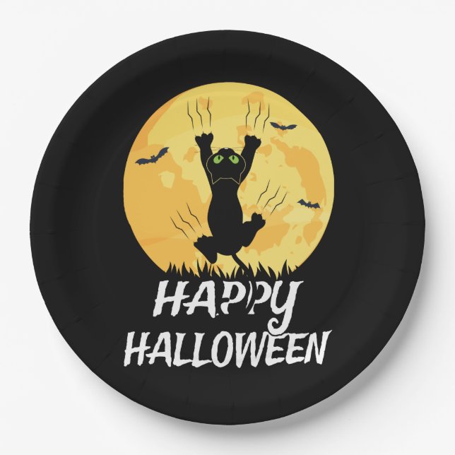 Funny Black Cat Moon Happy Halloween Paper Plates (Front)