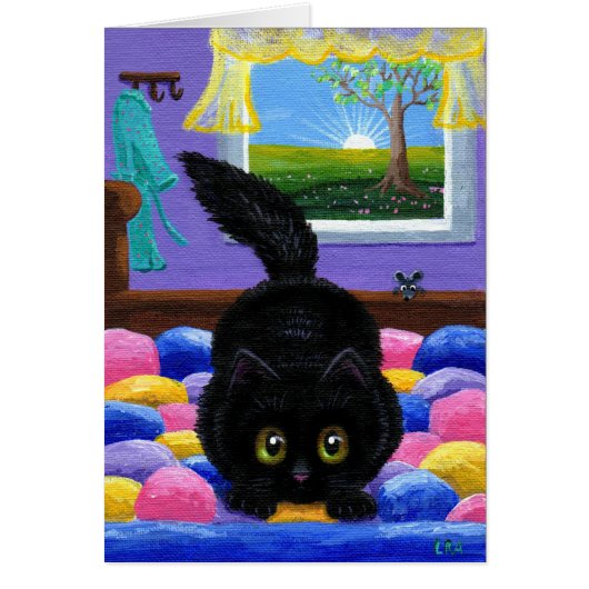 Funny Black Cat Mouse Bed Creationarts Cards (Front)