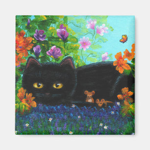 Funny Black Cat Mouse Flowers Creationarts Magnet