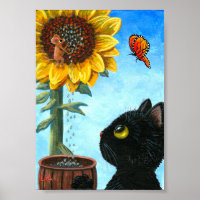 Funny Black Cat Mouse Sunflower Creationarts Poster