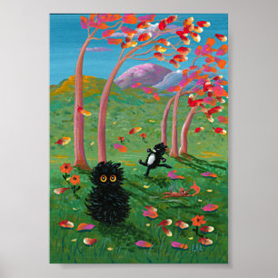 Funny Black Cat Mouse Trees Creationarts Poster