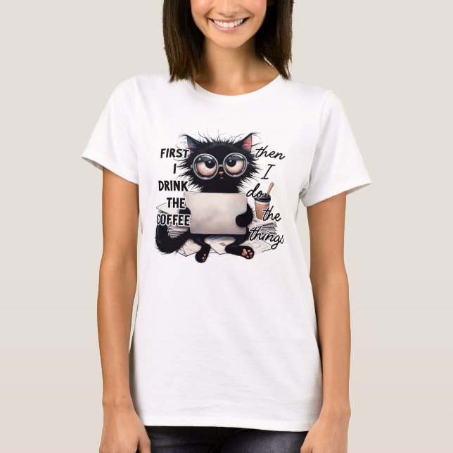 FUNNY BLACK CAT ON THE COMPUTER T-Shirt (Front)