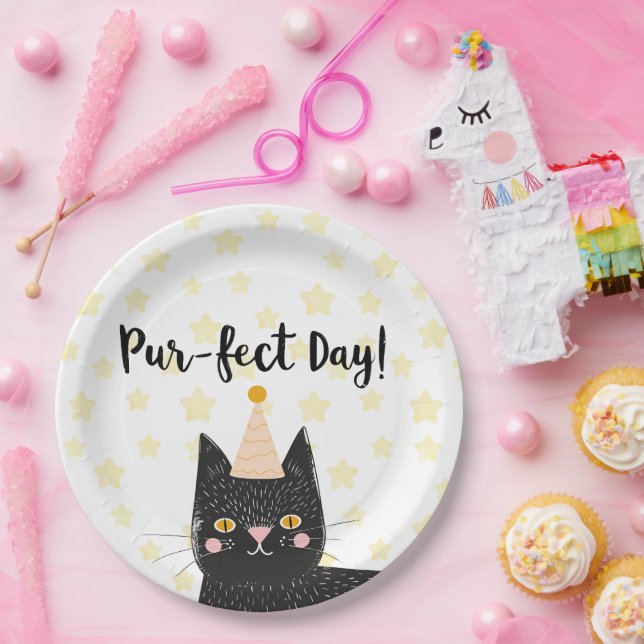 Funny Black Cat Perfect Day Birthday Paper Plates (Party)