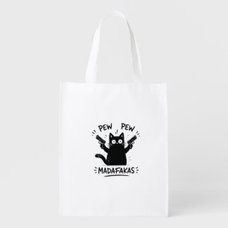 Funny Black Cat Pew Pew Design Grocery Bag