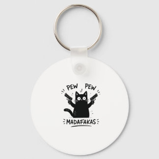 Funny Black Cat Pew Pew Design Keychain