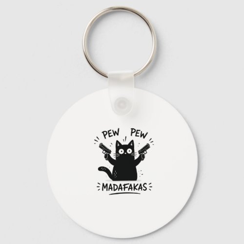 Funny Black Cat Pew Pew Design Keychain