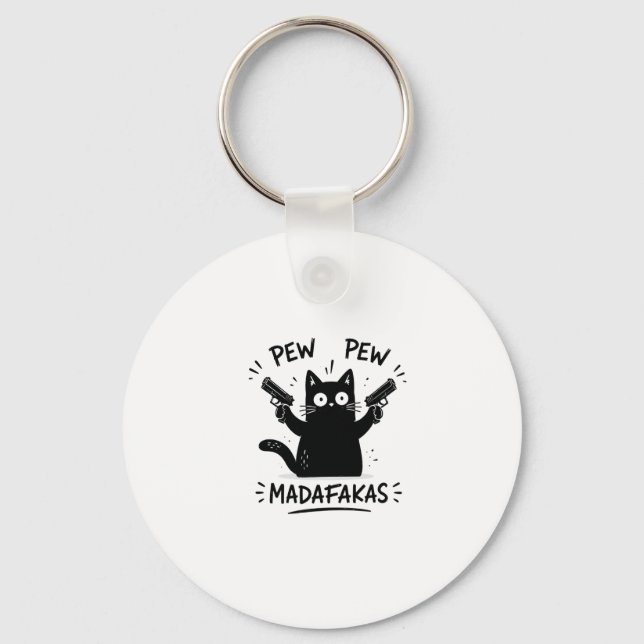 Funny Black Cat Pew Pew Design Keychain (Front)