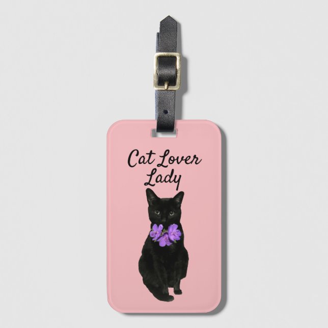 Funny Black Cat Photo Pink Custom Luggage Tag (Front Vertical)