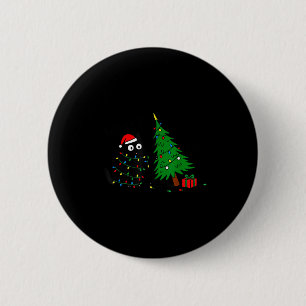Funny Black Cat Pushing 67 Christmas Tree Over Cat Button