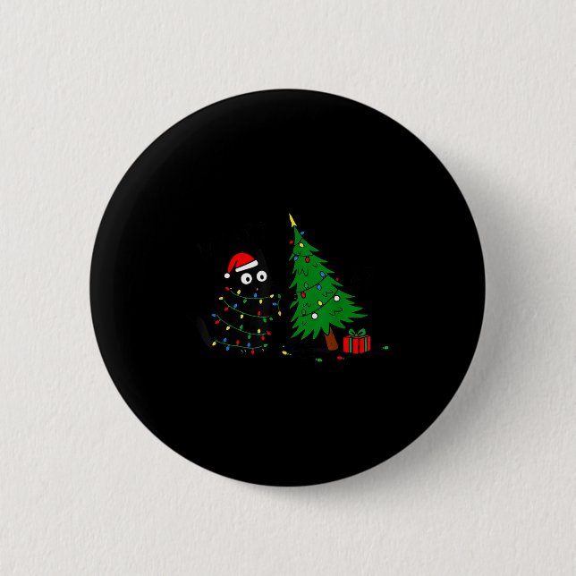 Funny Black Cat Pushing 67 Christmas Tree Over Cat Button (Front)