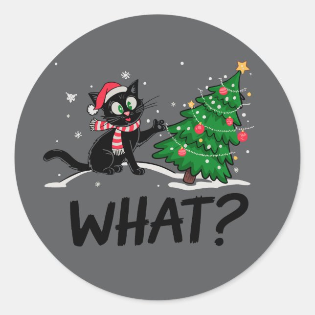 Funny Black Cat Pushing Christmas Tree Cat What? Classic Round Sticker (Front)