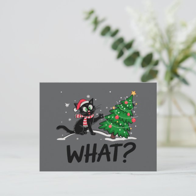 Funny Black Cat Pushing Christmas Tree Cat What? Holiday Postcard (Standing Front)
