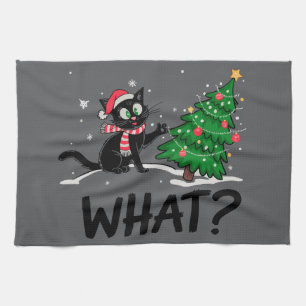 Funny Black Cat Pushing Christmas Tree Cat What? Kitchen Towel