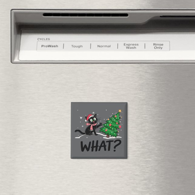 Funny Black Cat Pushing Christmas Tree Cat What? Magnet (In Situ (Dishwasher))