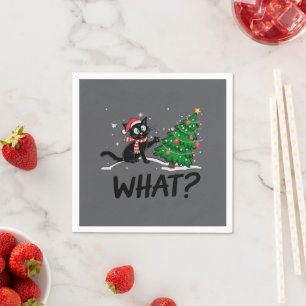Funny Black Cat Pushing Christmas Tree Cat What? Napkins