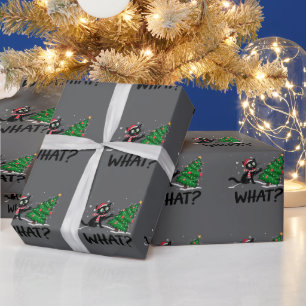 Funny Black Cat Pushing Christmas Tree Cat What? Wrapping Paper