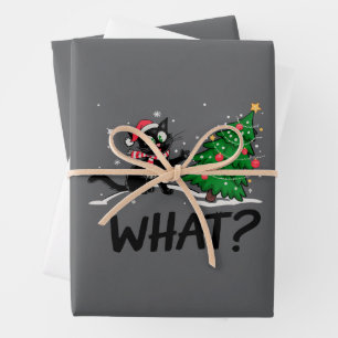 Funny Black Cat Pushing Christmas Tree Cat What? Wrapping Paper Sheets