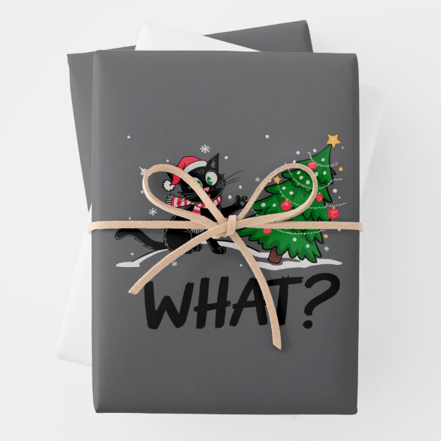 Funny Black Cat Pushing Christmas Tree Cat What? Wrapping Paper Sheets (In situ)