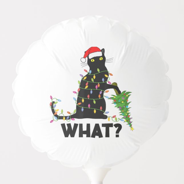 Funny Black Cat Pushing Christmas Tree Over Cat Ch Balloon (Front)
