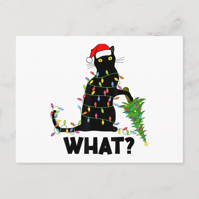 Funny Black Cat Pushing Christmas Tree Over Cat Ch Holiday Postcard (Front)