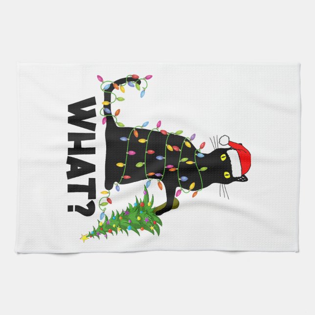 Funny Black Cat Pushing Christmas Tree Over Cat Ch Kitchen Towel (Horizontal)