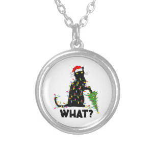 Funny Black Cat Pushing Christmas Tree Over Cat Ch Silver Plated Necklace