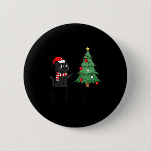 Funny Black Cat Pushing Christmas Tree Over Cat Wh Button