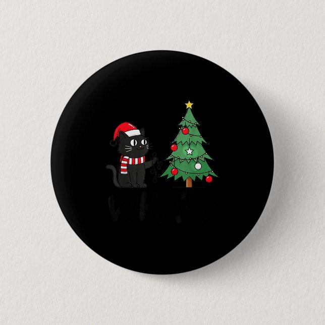Funny Black Cat Pushing Christmas Tree Over Cat Wh Button (Front)