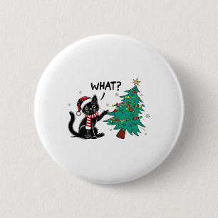 Funny Black Cat Pushing Christmas Tree Over Cat Wh Button