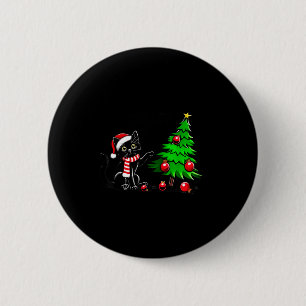 Funny Black Cat Pushing Christmas Tree Over Cat Wh Button
