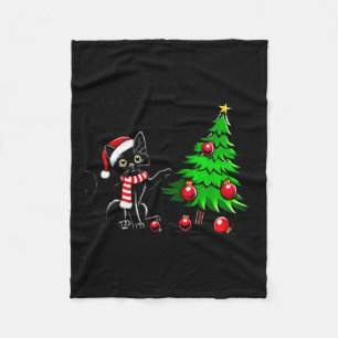 Funny Black Cat Pushing Christmas Tree Over Cat Wh Fleece Blanket