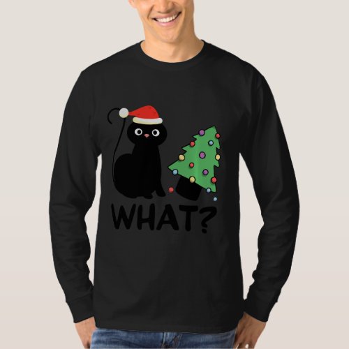 Funny Black Cat Pushing Christmas Tree Over Cat Wh T_Shirt