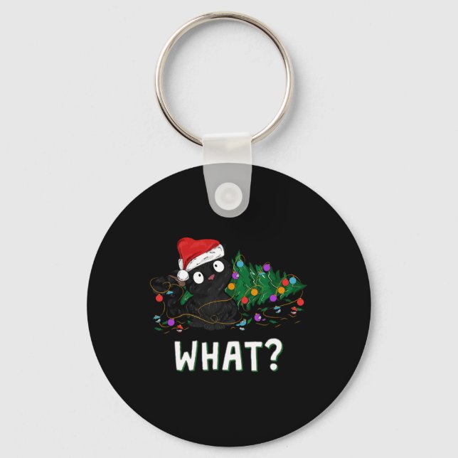 Funny Black Cat Pushing Christmas Tree Over Graphi Keychain (Front)