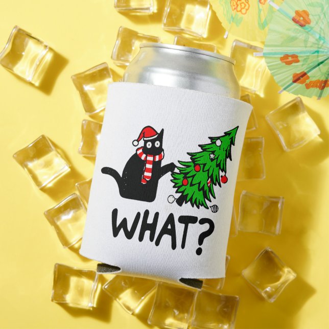 Funny Black Cat Pushing Christmas Tree Pet Lover Can Cooler (In Situ Summer)