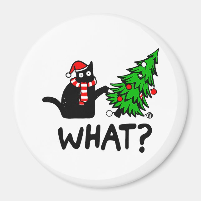 Funny Black Cat Pushing Christmas Tree Pet Lover Magnet (Front)