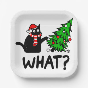 Funny Black Cat Pushing Christmas Tree Pet Lover Paper Plates