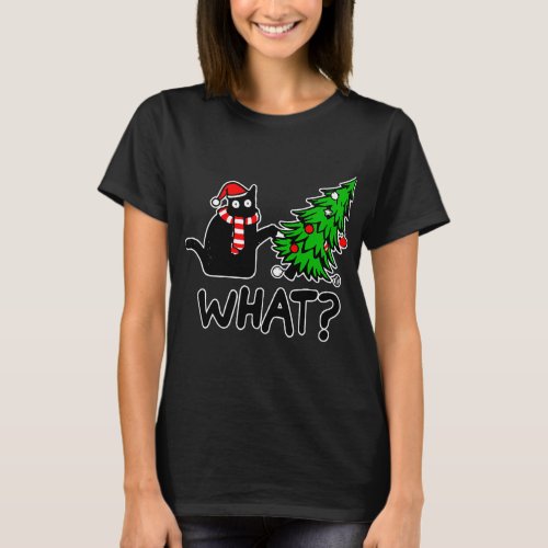 Funny Black Cat Pushing Christmas Tree T_Shirt