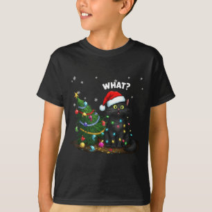 Funny Black Cat Pushing Christmas Tree  T-Shirt