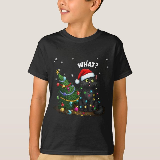 Funny Black Cat Pushing Christmas Tree  T-Shirt (Front)